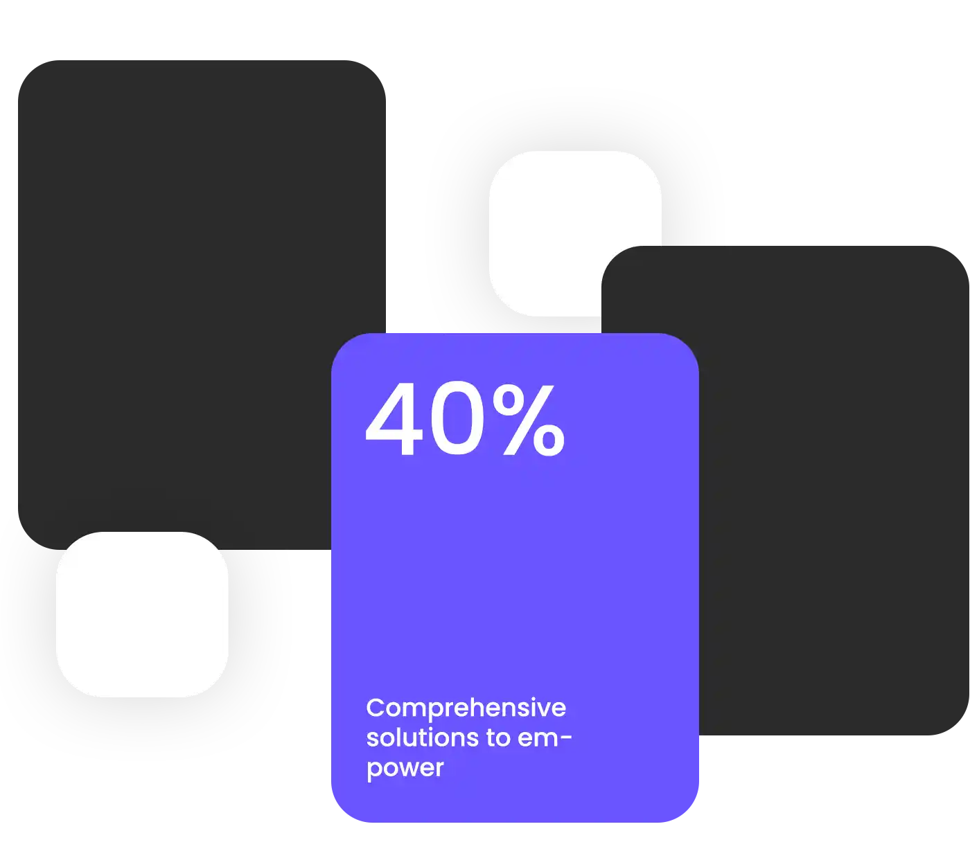 Blaue Karte mit der Aufschrift „40% Comprehensive solutions to empower" vor dunklen und hellen abgerundeten Rechtecken